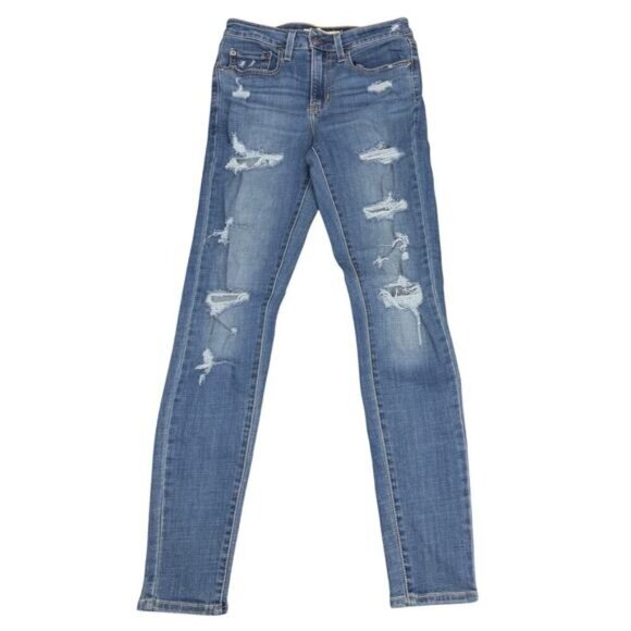 LEVI'S 721 High Rise Skinny Jean Sz 27 Blue Distressed Ripped Detail - Picture 2 of 7